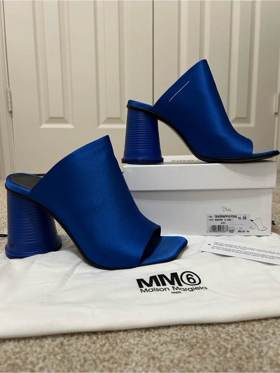 MM6 Maison Martin Margiela Shoes - MM6 Maison Margiela Paris Royal Blue Satin Block Heel Mule Sandals